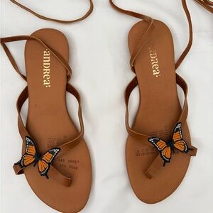 ANDREA FENZI Tan Leather Butterfly-Strap Sandals with Orange Accents